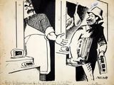 drawing of a man shaking another man ' s hand in front of a door