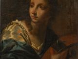 a painting of a woman in a blue dress holding a guitar