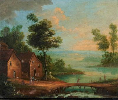 une peinture à l'huile représentant une scène fluviale avec une maison et un pont