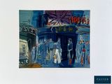 a painting of a group of people standing outside of a building