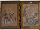 two paintings of asian women and a man with umbrellas on a wall