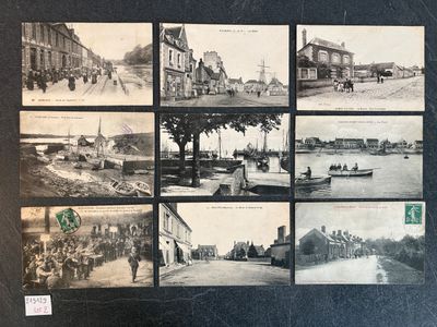 several black and white photographs of a street with people and vehicles
