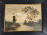 une peinture à l'huile représentant un moulin à vent au bord d'une rivière, avec un bateau au premier plan