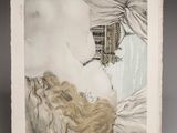 painting of a woman laying on a bed with a building in the background