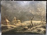 painting of a winter landscape with a house and a horse drawn carriage