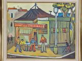 an oil painting of a group of people walking down a street