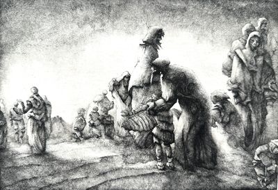 l'image d'un dessin représentant un groupe de personnes dans un champ