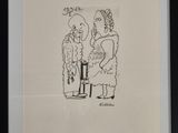 drawing of two people in a room with a clock and a bird