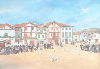 a painting of a group of people playing a game of tennis