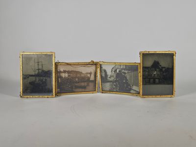 une série de trois vieilles photos représentant un bateau dans un port