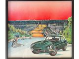 painting of a green sports car and a man on a bike