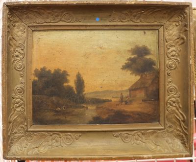 an old painting of a farm scene in a gold frame on a table