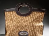 an image of a brown and black purse with a brown handle