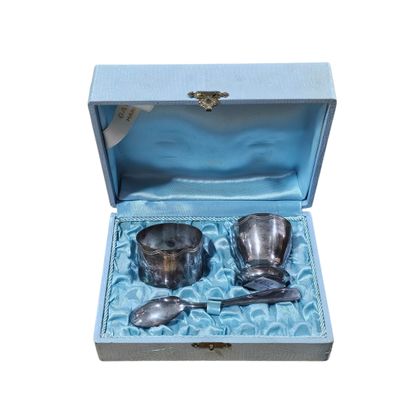 two silver cups in a blue box on a white background