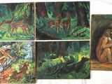 four paintings of animals in a forest with trees and bushes