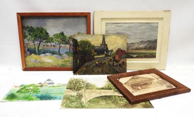 three framed paintings and a picture of a train on the tracks