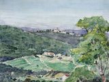 aquarelle représentant une vue d'une ferme dans une vallée