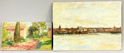 three paintings of a river and a city on a shelf