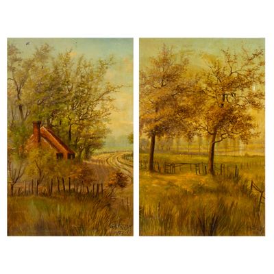 deux tableaux représentant une scène de campagne avec une grange rouge au loin