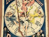 a clock on the side of a building with people on it