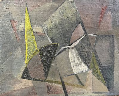 tableau représentant un tableau dans lequel figurent une chaise et une table, avec un parapluie jaune