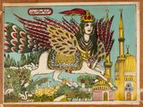 an image of a painting of a man riding a horse with a bird on its back