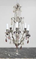 Lustre cage à six bras de lumière en verre et laiton, le fût…