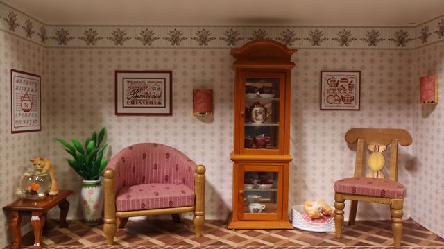 Diorama. Composition miniature, dans une vitrine en bois, vitre e...