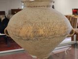 un grand vase posé sur une table en verre dans une pièce