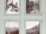 four black and white photos of a road with a church in the background