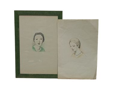 two drawings of a woman and a man in a green frame