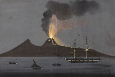 tableau représentant un bateau sur un plan d'eau, avec une montagne en arrière-plan