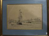 framed drawing of a sailboat in the water with a city in the background