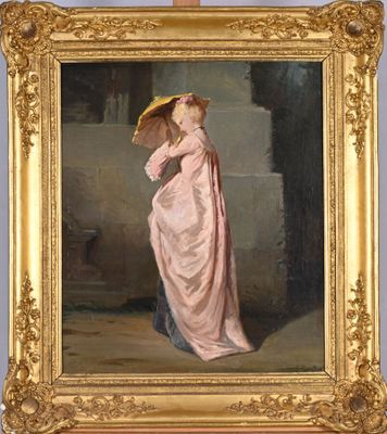 painting of a woman in a pink dress holding a yellow umbrella