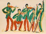 tableau représentant un groupe d'hommes en vestes vertes jouant de la musique