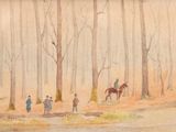 a watercolor painting of people riding horses in the woods