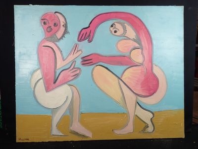 a painting of a man and a woman on the beach