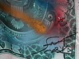 painting of a dollar bill with a picture of a man on it