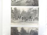 four pictures of people riding horses in the street