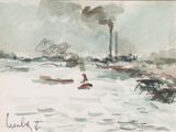 une aquarelle représentant un homme dans un bateau sur l'eau