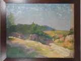 an oil painting of a landscape with a dirt road in the foreground