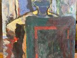 a painting of a vase of flowers on a table