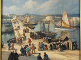 a painting of a harbor scene with boats and people