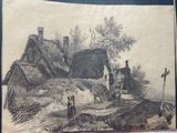 an old picture of a man and a woman standing in front of a house