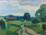 an oil painting of a dirt road in a green field