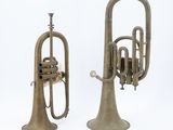 two antique brass trumpets sitting next to each other on a white surface