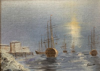 un tableau représentant des bateaux sur l'eau, avec des bâtiments en arrière-plan