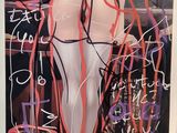 painting of a woman in a white dress with red writing on it