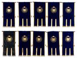a set of six blue and gold flags with gold stars on them
