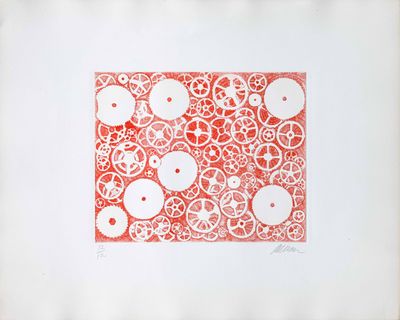 une image représentant un dessin en rouge et blanc de rouages et de roues